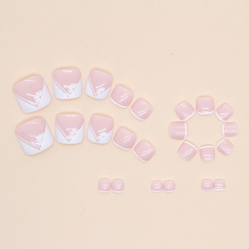 Unhas postiças francesas simples de margarida branca, unhas postiças pequenas para meninas, manicure especial para unhas postiças｜365nails