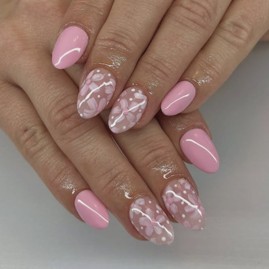 Simple and fresh flower manicure nail pieces, new summer wear nail fake nails, short almond-shaped nail pieces wholesale｜365nails