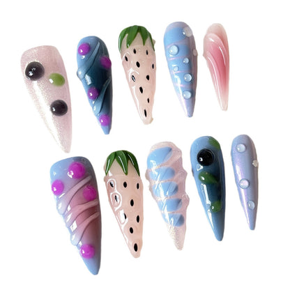 Ice Crystal Strawberry Cute Fruit Wind Handemade press on nails 3D Embossed Hand-painted Long Nail Patch｜365nails