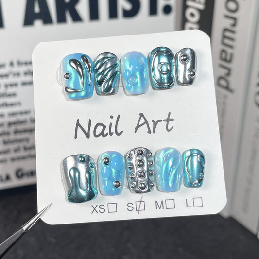 Handmade armor blue dream merman tears sweet and cool hot girl short nail art wholesale｜365nails