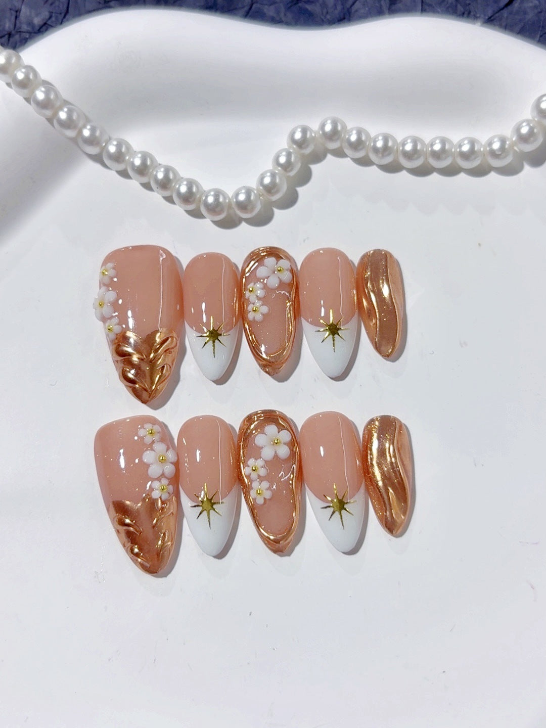 365nails: "Golden Bloom" – 3D Floral & Gold Leaf Handmade Almond Nails