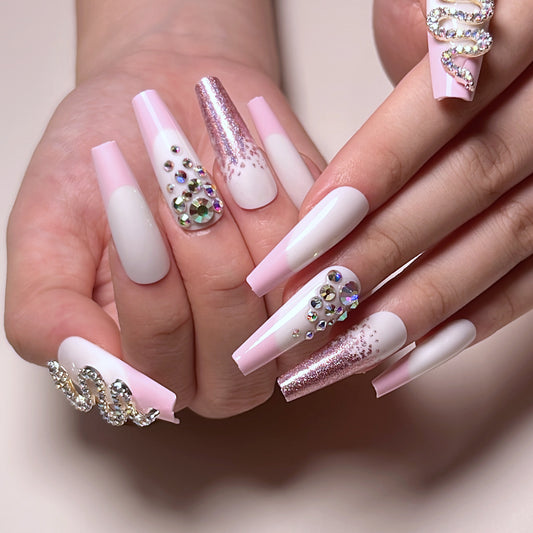 Wear nail wholesale pink French with pink purple glitter and snake rhinestones Wear nail art finished nail pads｜365nails