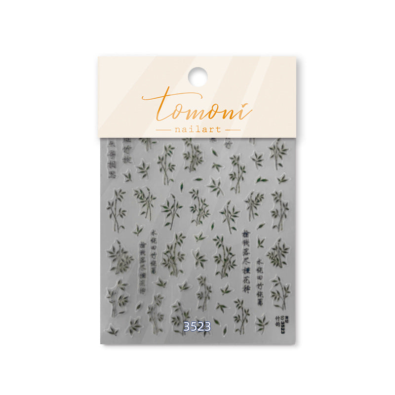 Ink Bamboo Nail Stickers – 5D Embossed Chinese Calligraphy Set