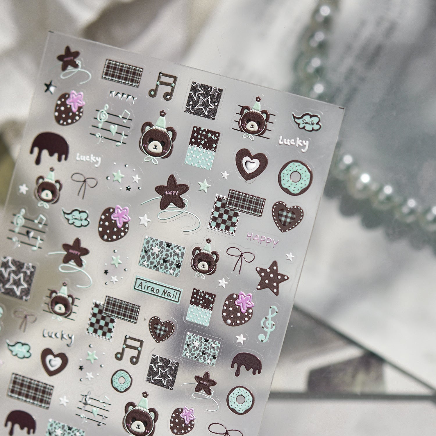 Cute Brown Bear Collection: "Checkered Bear" – 3D Embossed Nail Sticker