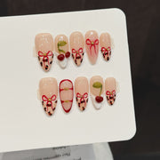 365nails: 체리 리본 – 3D 레오파드 프린트 & 과일 수제 아몬드형 네일