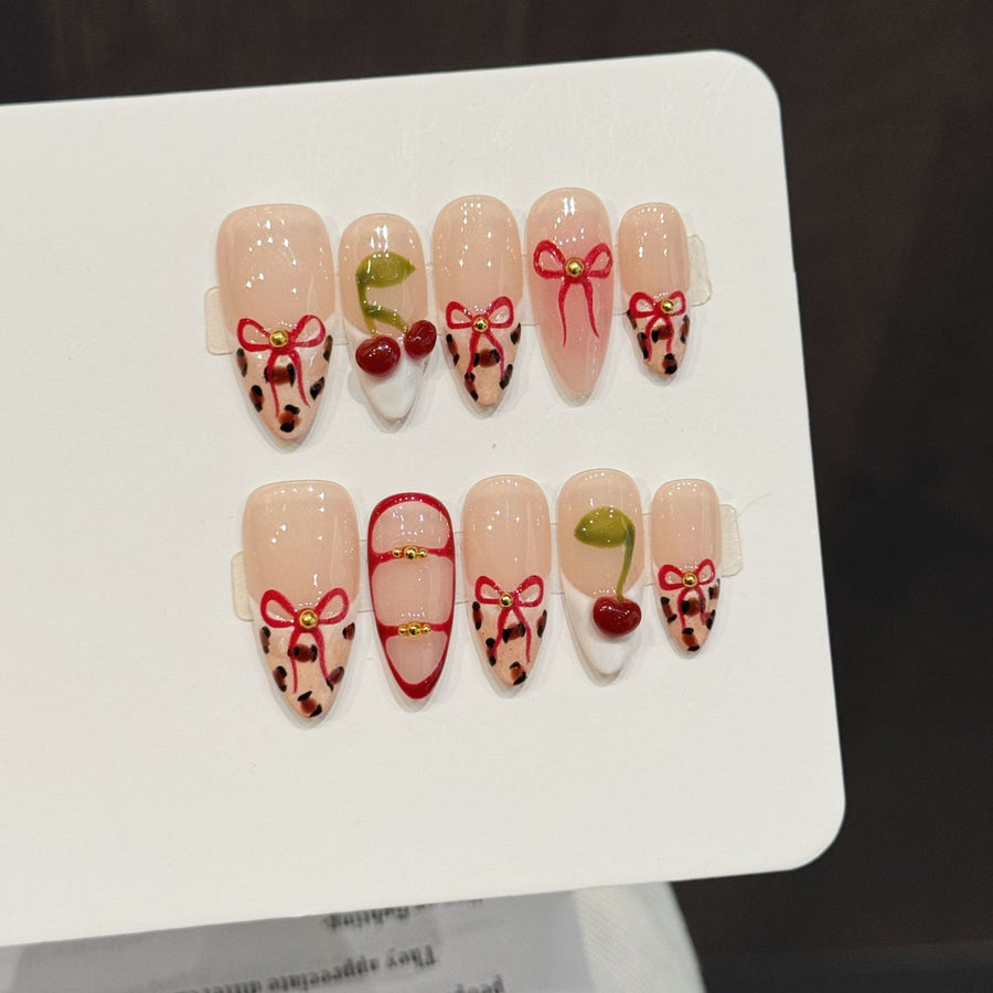 365nails: "Cherry Bow" – 3D Leopard Print & Fruit Handmade Almond Nails