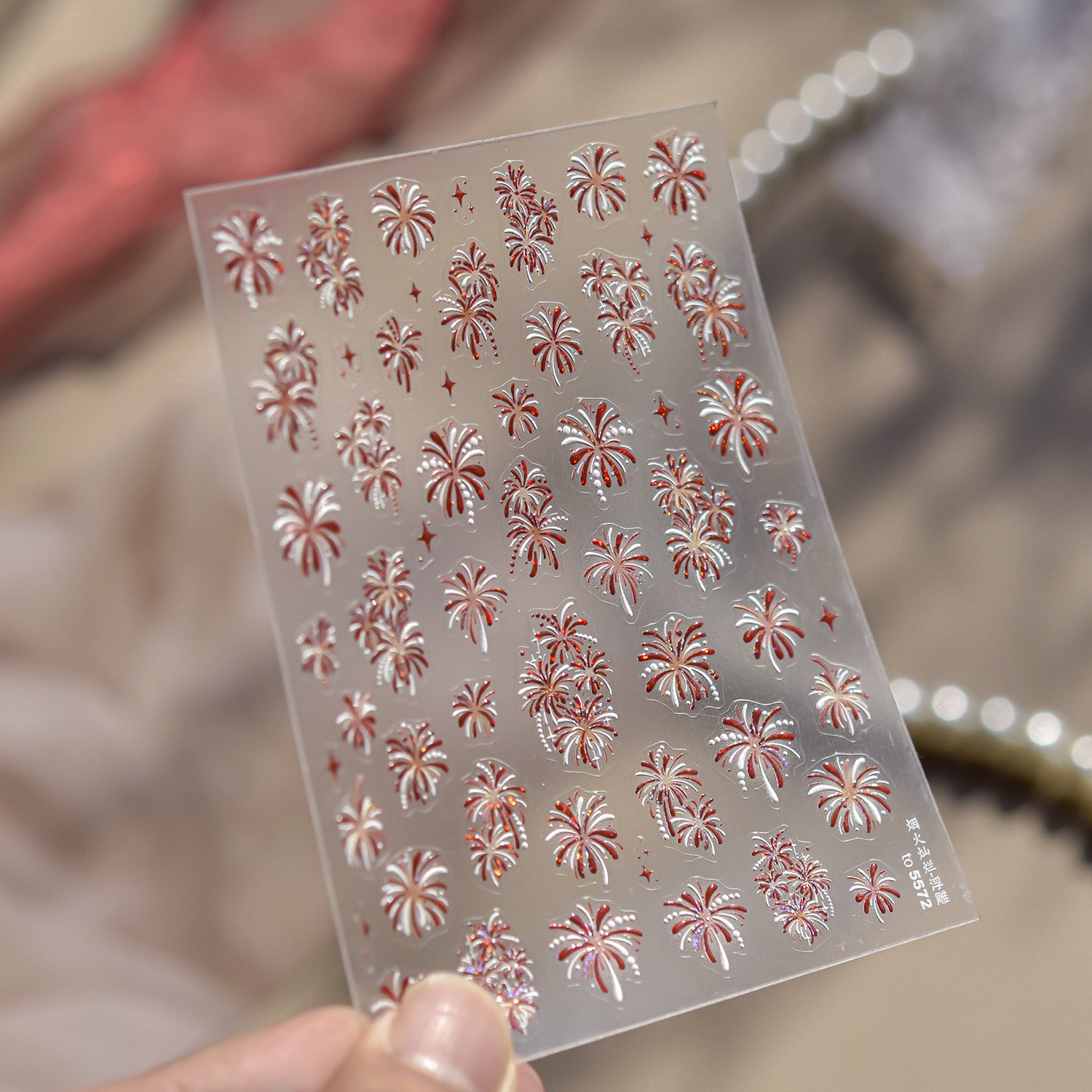 Holographic Firework Nail Stickers – 3D Embossed Red & Pink Celebration Set