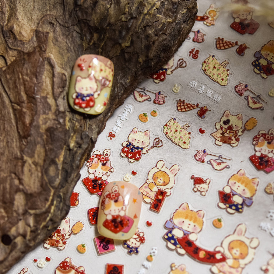Lucky Cat & Fortune Collection: "Fortune Kitten" – 3D Embossed Nail Sticker