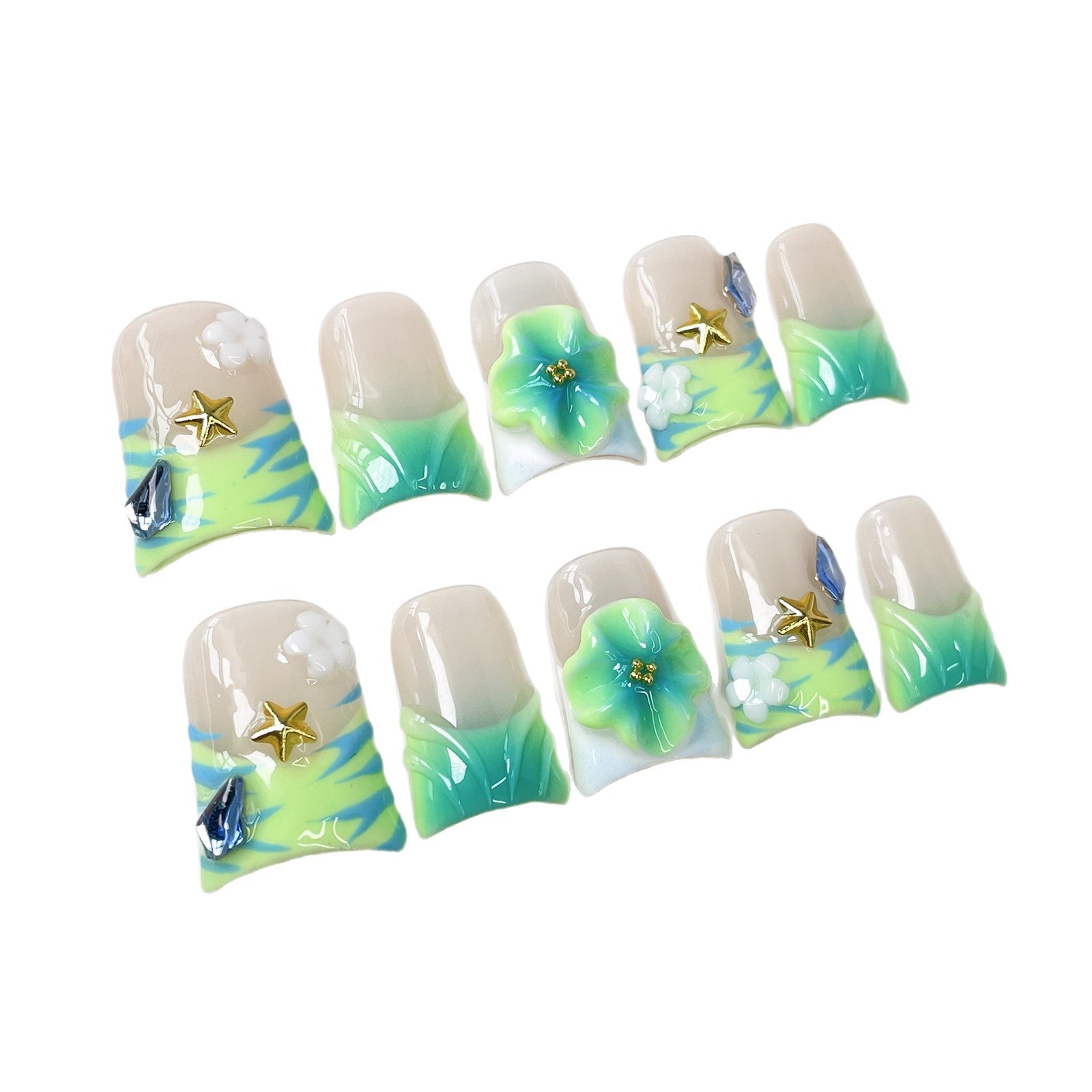 Uñas de pico de pato con hielo a través de uñas cortas grabadas tridimensionalmente pintadas a mano en 3D, uñas postizas pequeñas y frescas hechas a mano de verano｜365nails