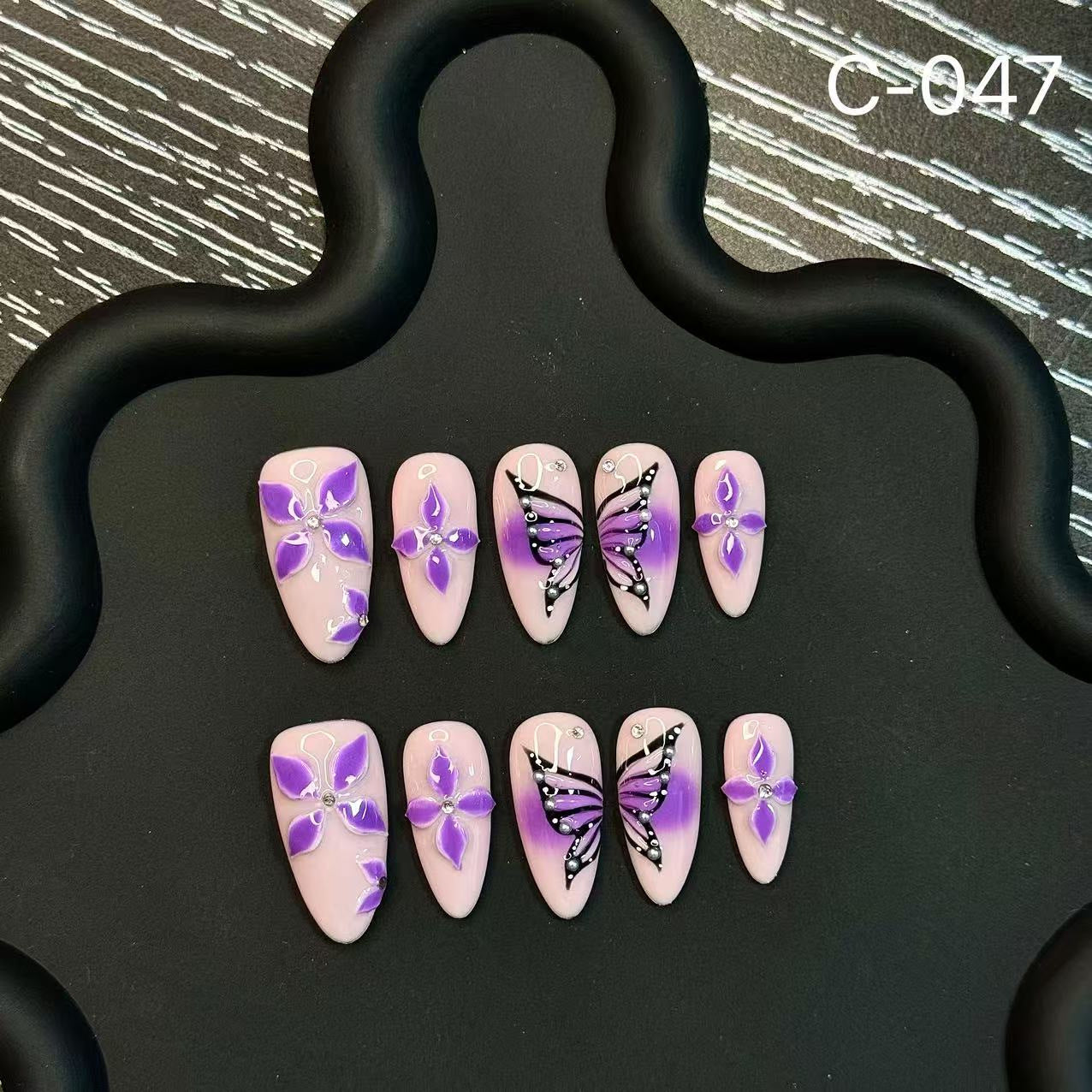 365nails: "Floraison enchantée" – Ongles 3D à motif papillon, fait main, forme stiletto