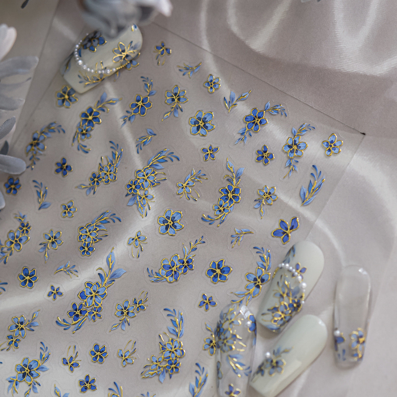 Blue Floral Metallic Collection: "Elegant Cornflower" – 3D Embossed Nail Sticker