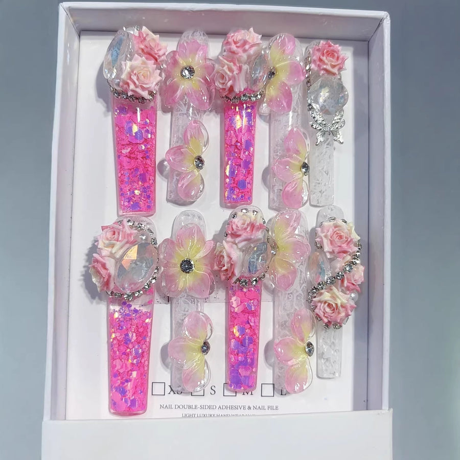 Pink Floral Crystal Fantasy Luxe Press On Nails