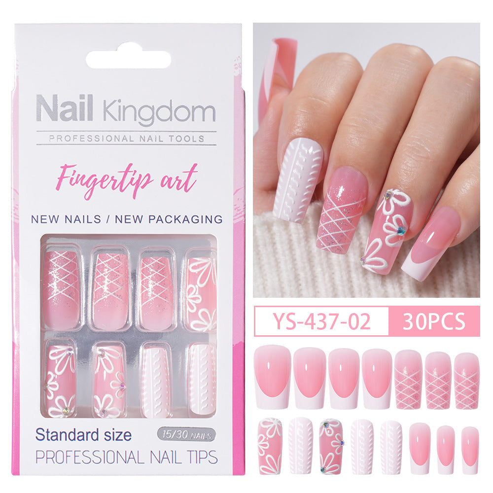 Press on nails Advanced Sense  French White Powder with Drill Finished Wearable Nail Removable Prefabricated Patch Nail Art