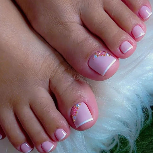 Unhas postiças francesas simples e puras com diamante rosa, modelo de unhas postiças estilo armadura, estilo doce para meninas, peça de unha postiça ｜365nails