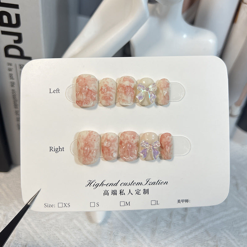Watercolor smudge sweet and cute bow short manicure patch fake nails small fresh Handmade press on nails wholesale｜365nails