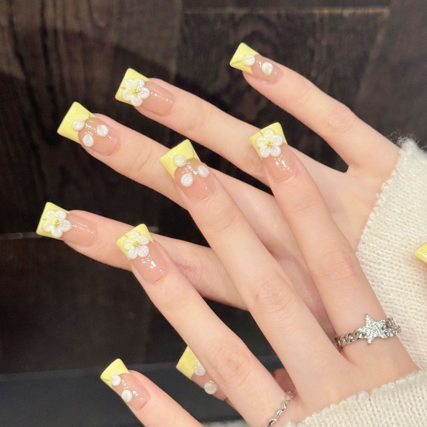 Peach Yellow Floral Press On Nails