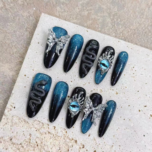 Handmade press on nails Real Shot Three-dimensional Snake Court Dark Green Dark Personality press on nails Removable | 365nails
