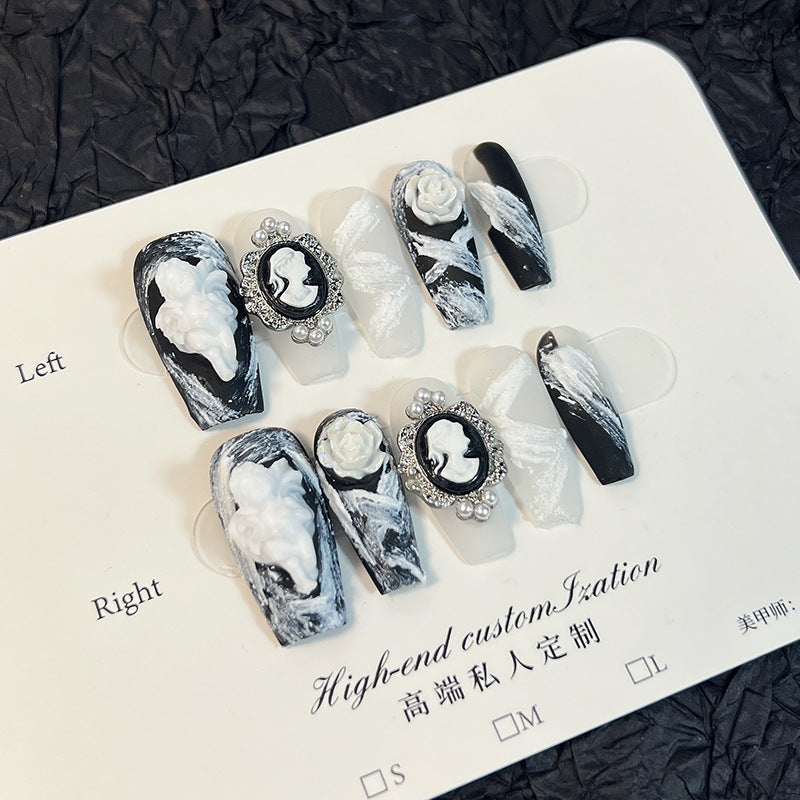 Uñas postizas hechas a mano, diseño barroco de ángel y camelia, con parches, estilo oscuro, mediano y largo, venta al por mayor | 365nails