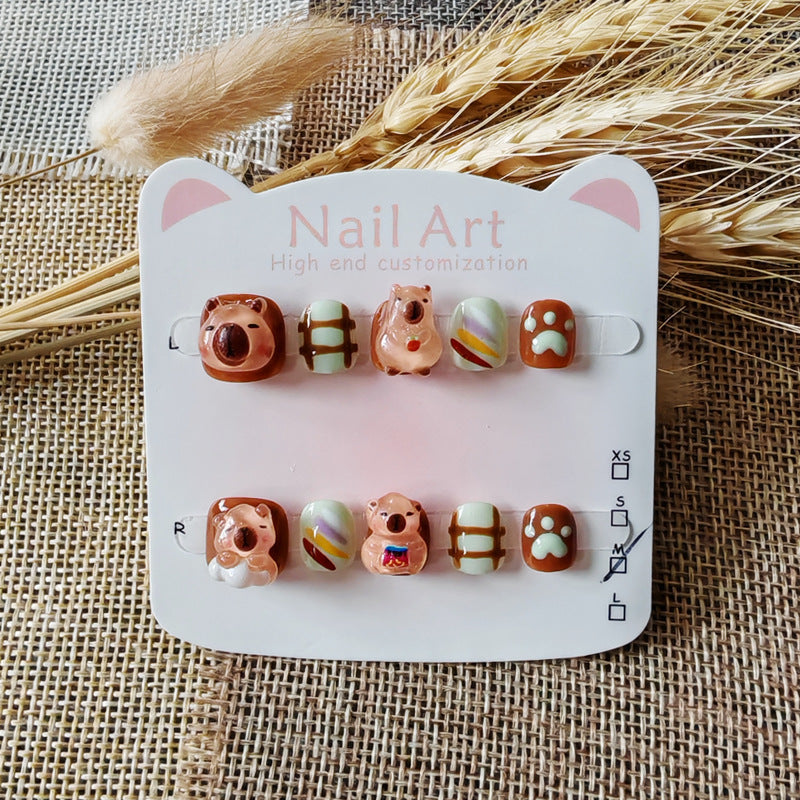 365nails: "caramel bakery bear" – unhas postiças redondas curtas artesanais para crianças