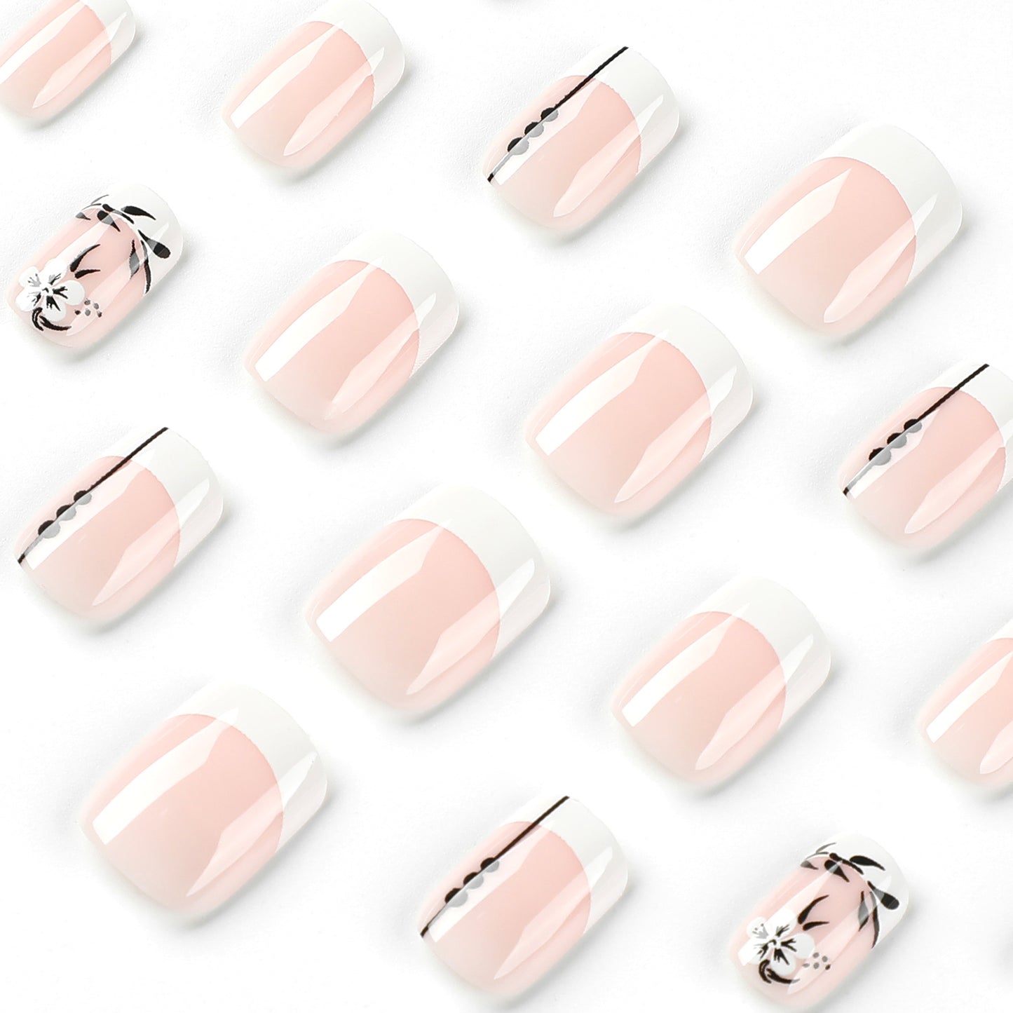 Armadura de atacado com flor francesa branca e folha preta, manicure curta com prensa para unhas ｜365nails