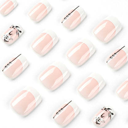 Armadura de atacado com flor francesa branca e folha preta, manicure curta com prensa para unhas ｜365nails