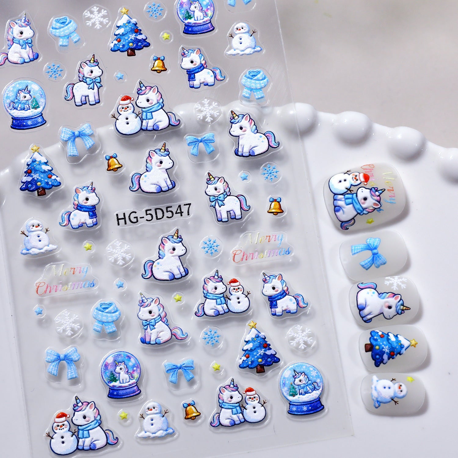 Original Snowflake Unicorn Nail Art Sticker 5D Embossed Three-dimensional Christmas Pony DIY Nail Sticker Ornament HG