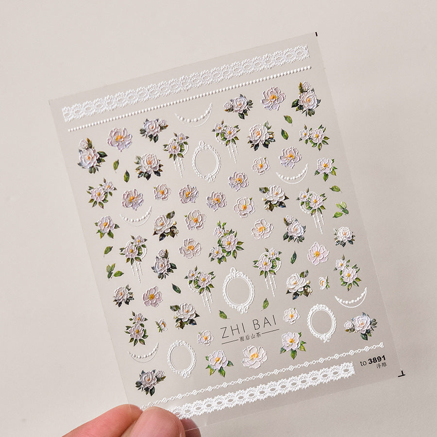 白色梔子花與蕾絲：「婚禮梔子」—5D 浮雕甲貼