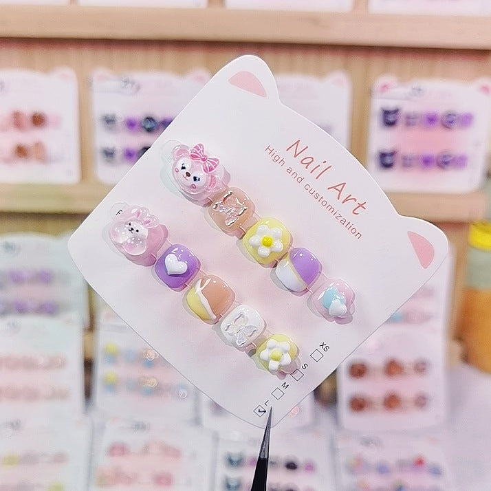Cute Pastel Bear Flower Kids Press On Nails Set