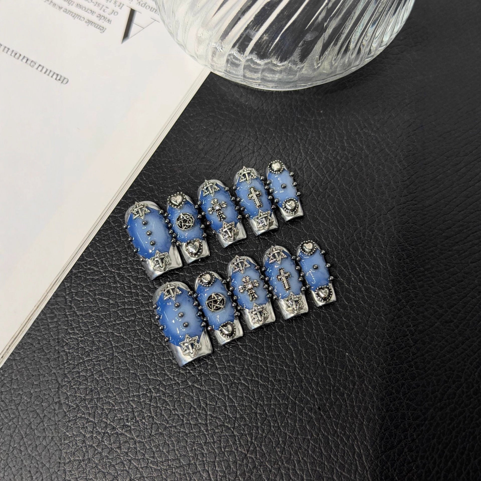 365nails: "Blue Rebel" – 3D Cross & Crystal Handmade Coffin Nails