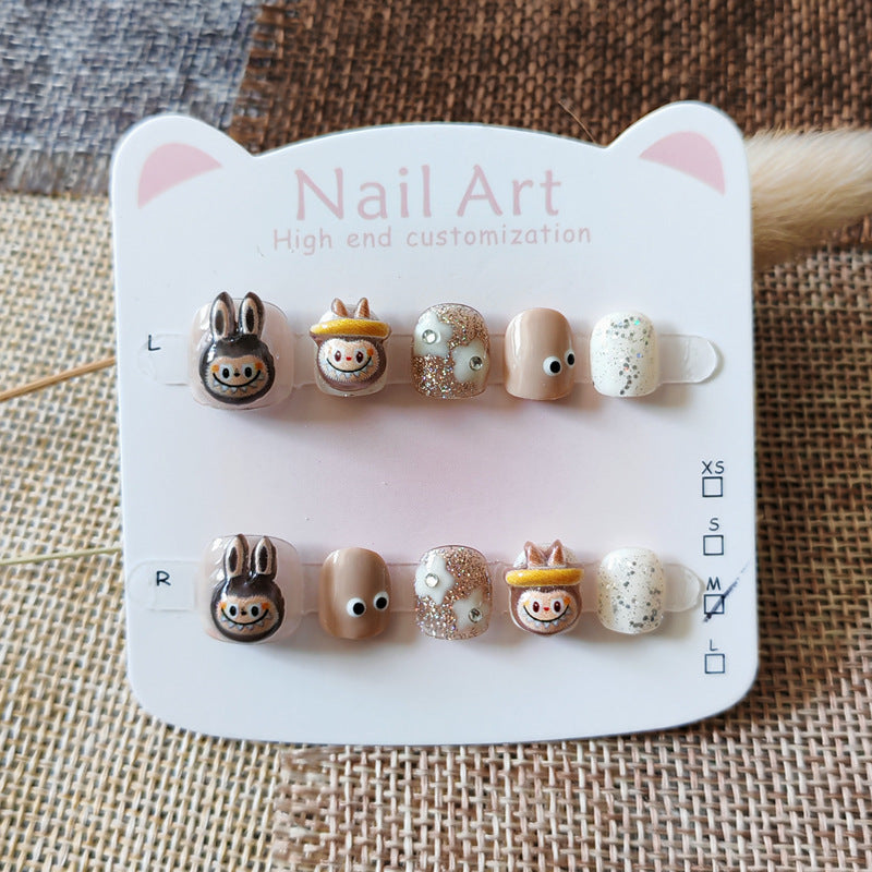 365nails: "caramel labubu buddies" – short round handmade kids press-on nails