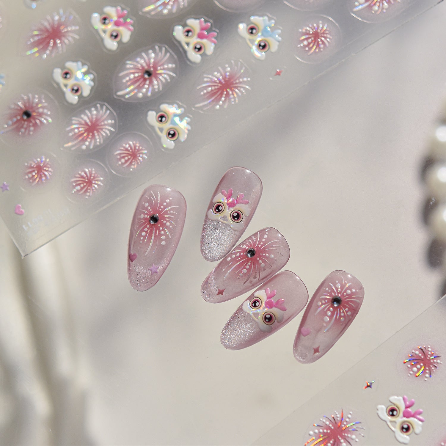 Cute Owl & Firework: "Sweet Celebration" – Crystal Diamond Nail Sticker