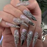 Silver Chrome 3D Butterfly Stiletto Fantasy Press On Nails