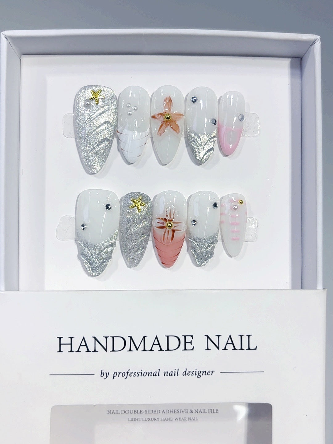 Ocean Star: "Silver Glitter Flower" – Almond Shape Handmade Press-On Nails