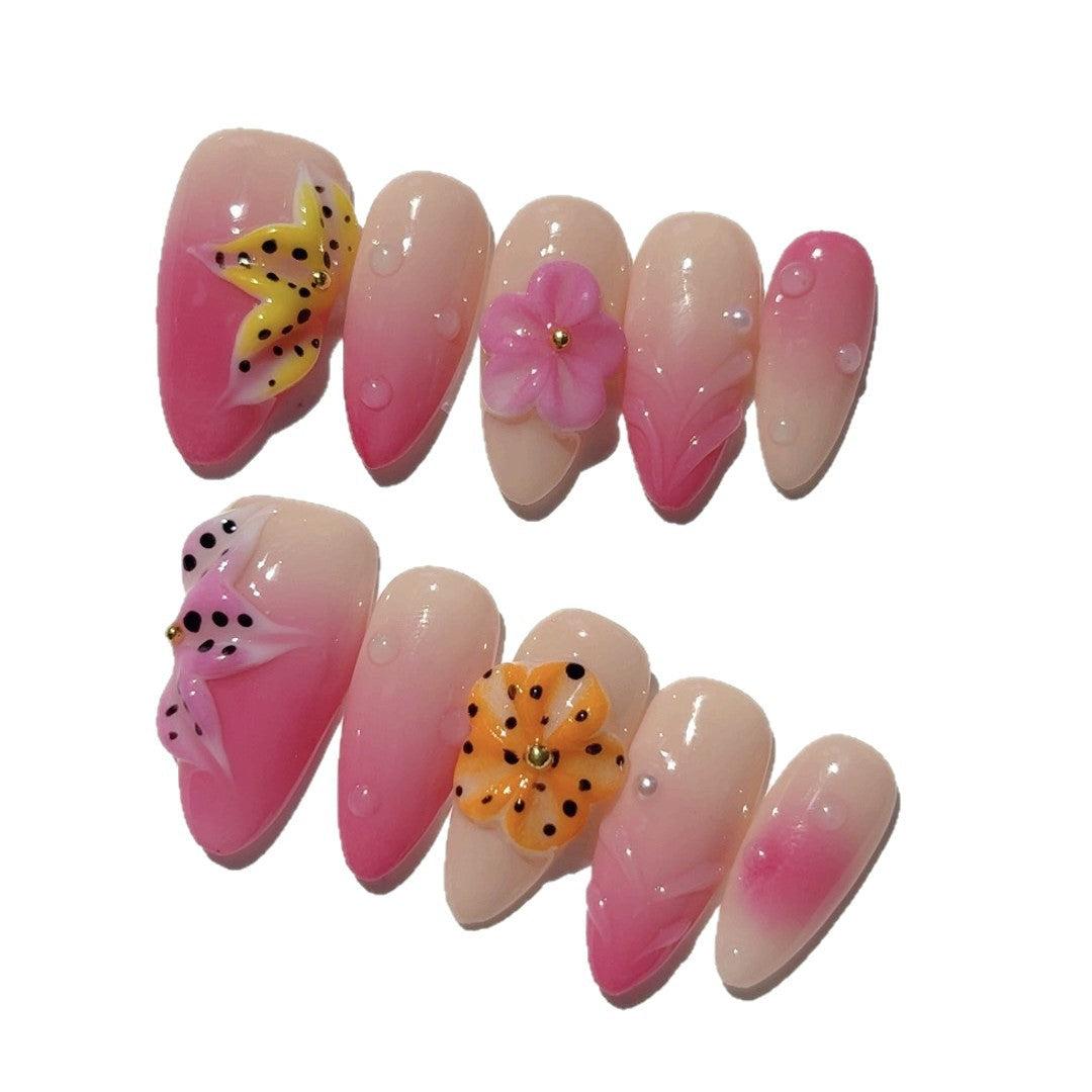 Sweet Tropical: "Pink Butterfly Bloom" – Medium Almond Nude & Pink Gradient Handmade Press-On