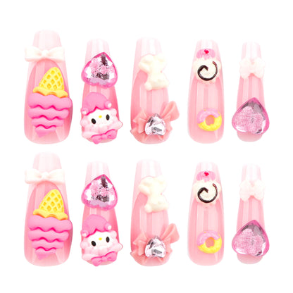 Desenho animado fofo rosa arte de unha cone sorvete laço tridimensional amor flash diamante ｜365nails