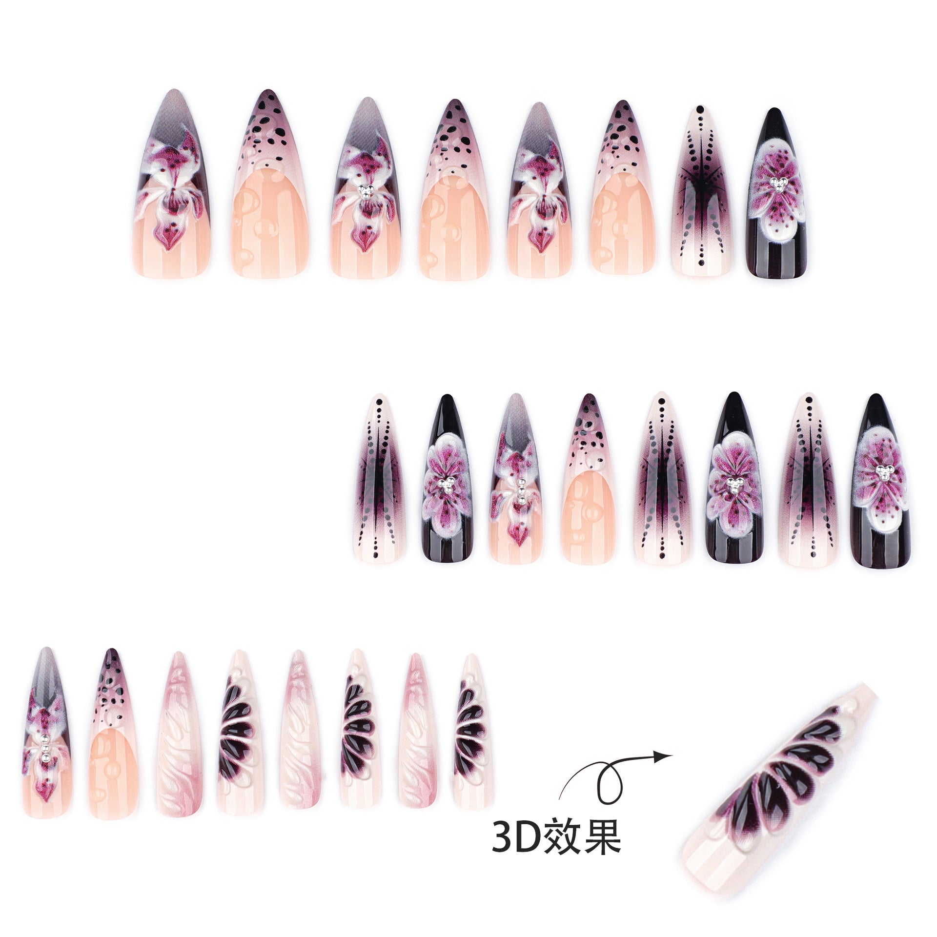 3d floral press-on nails, long stiletto french manicure