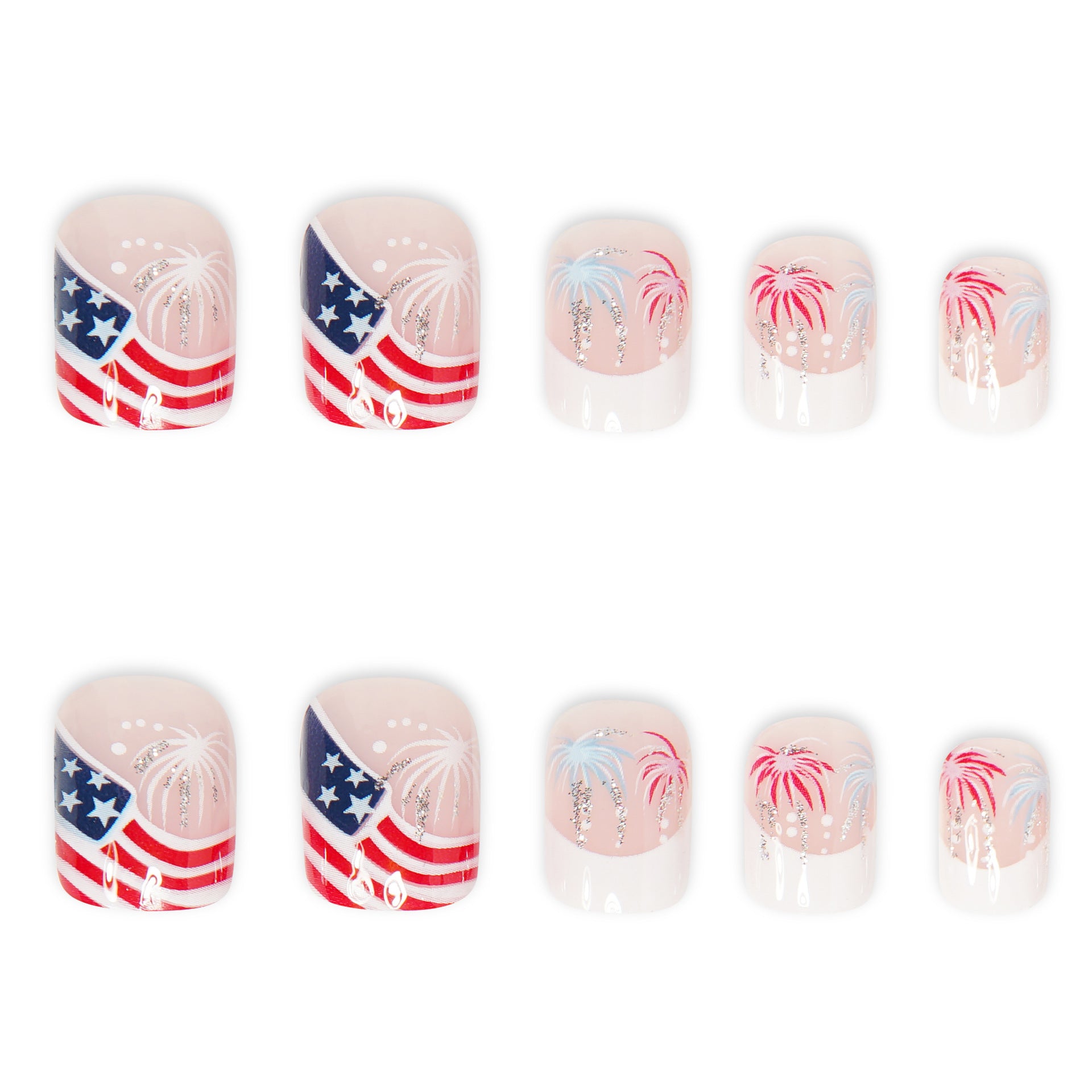 365nails: 독립기념일 불꽃 스타 스트라이프 프렌치 숏 프레스온 네일