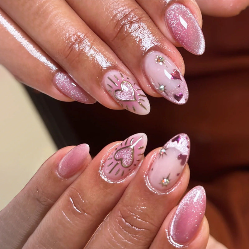 法式粉色貓眼閃光杏仁形成品（愛心美甲）批發｜365nails