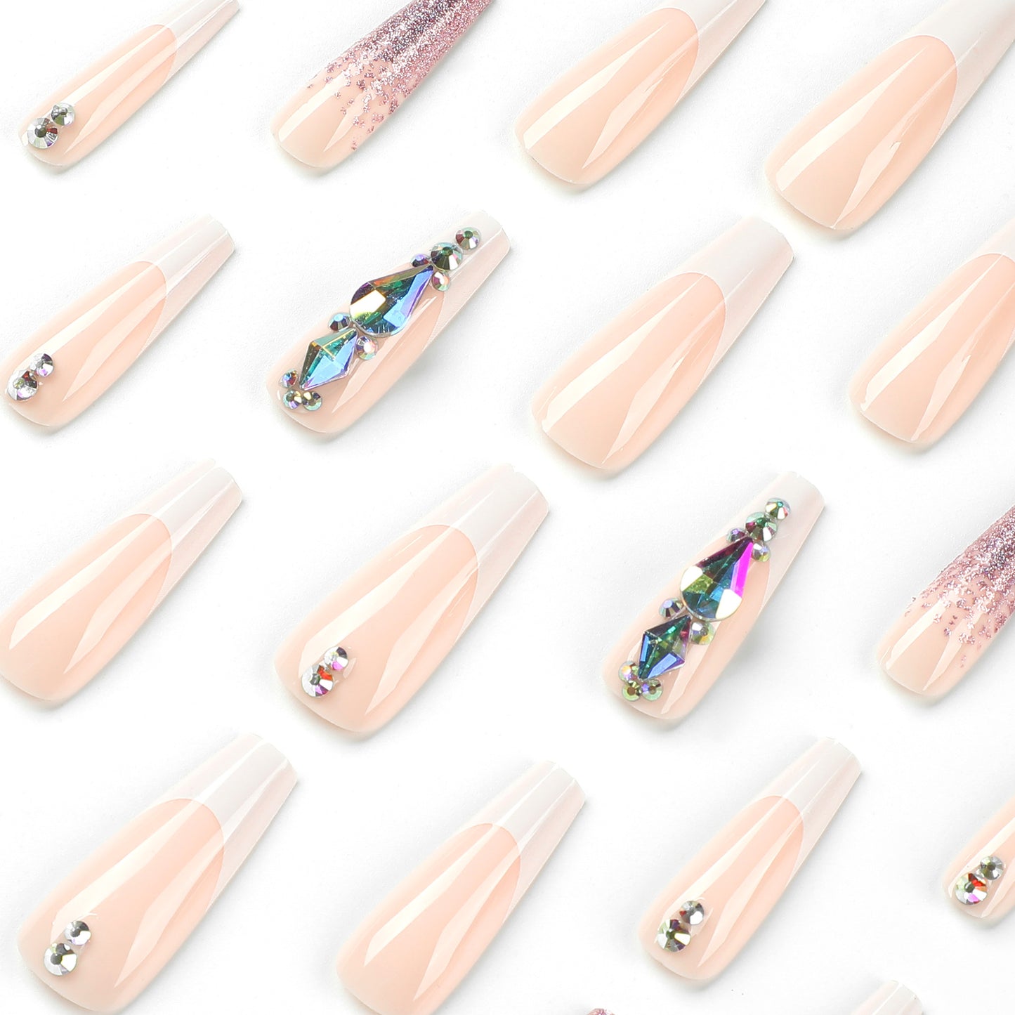 Wear nail piece White French manicure patch Wear nail purple glitter rhinestone nail sticker Removable nail piece｜365nails