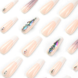 Peça de unha removível Patch de manicure francesa branca Adesivo de unha com glitter roxo e strass Peça de unha removível ｜ 365 unhas