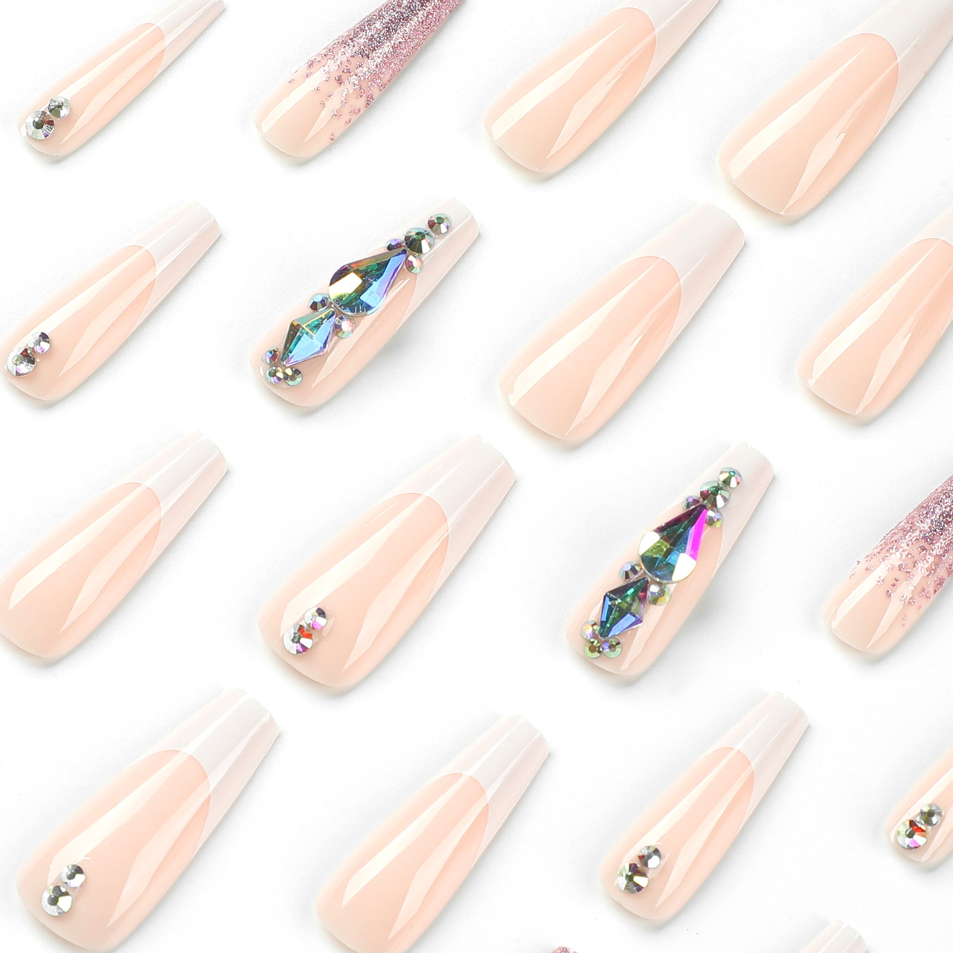 Peça de unha removível Patch de manicure francesa branca Adesivo de unha com glitter roxo e strass Peça de unha removível ｜ 365 unhas