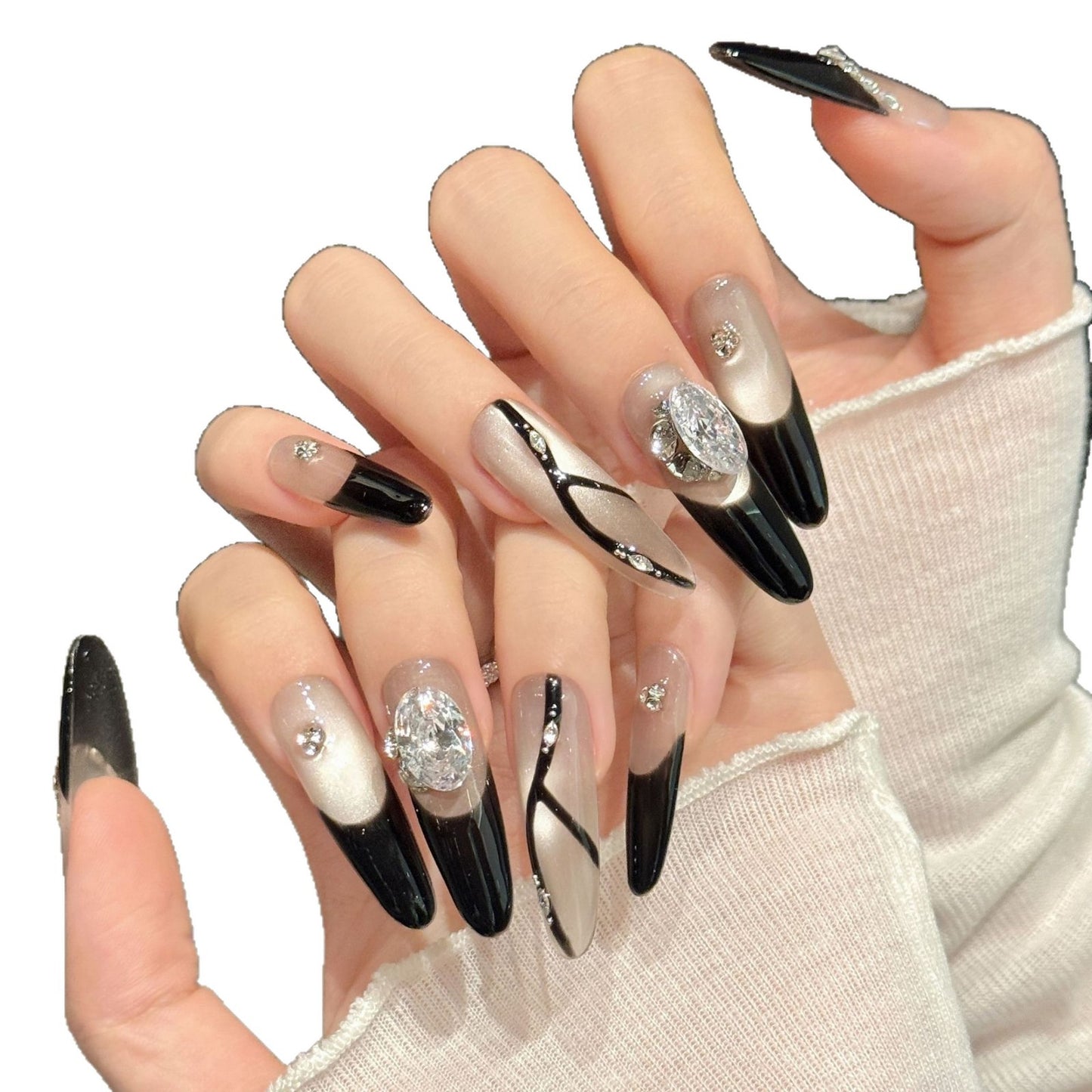 Long Black Silver Nude Elegant Press On Nail Set