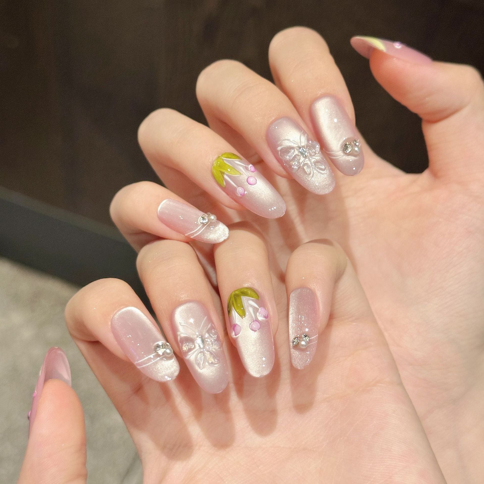 365nails: "Enchanted Bloom" – Hand-Painted Floral Handmade Almond Nails