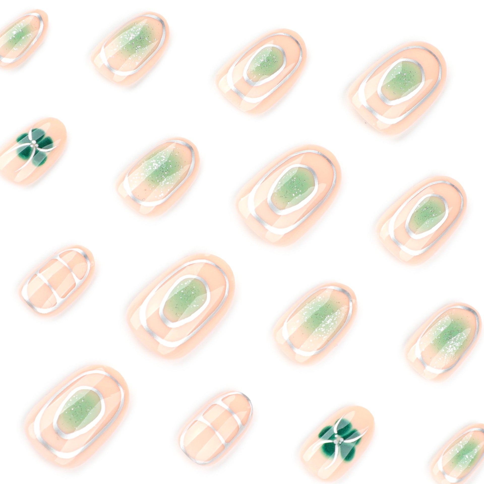 Fresh green smudges summer flowers almond-shaped press-on nails