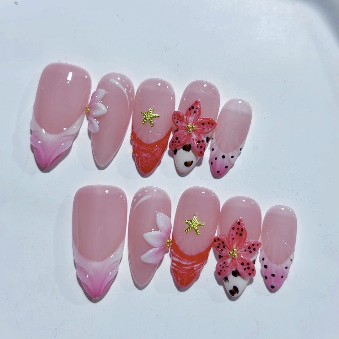 Whimsical Couture: "Strawberry Cow & Floral Fantasy" – Almond French Tip Press Ons
