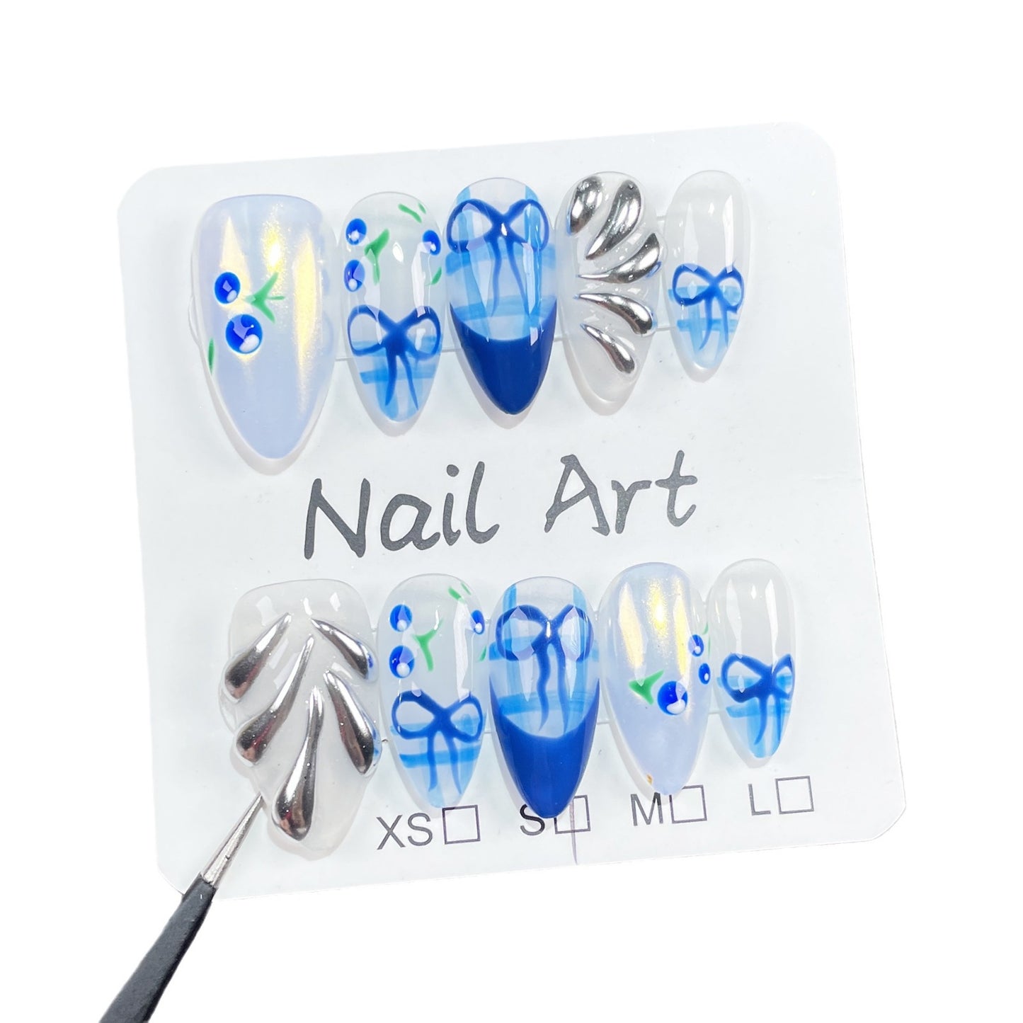 Handmade Press-on Nails Blue Hand-painted Cherry   Summer Ice Through Wear Fake Nails Wholesale｜365nails
