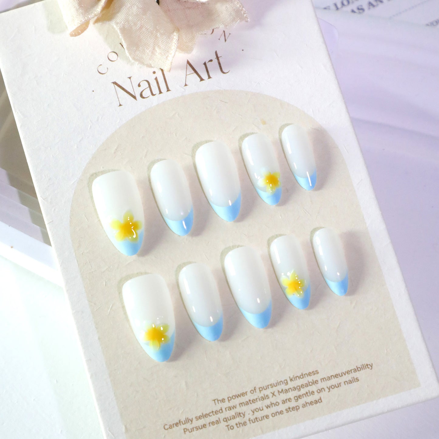 French blue simple nail art film short short round wearing fake nails 3D tropical flower press-on nails wholesale｜365nails