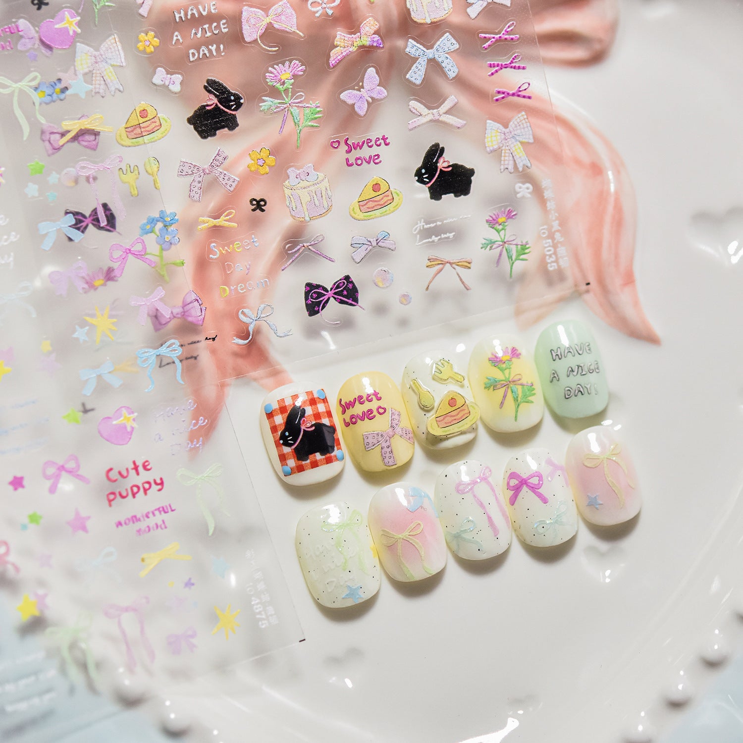 Sweet Bow & Dessert: "Kawaii Pastel" – 3D Embossed Nail Sticker