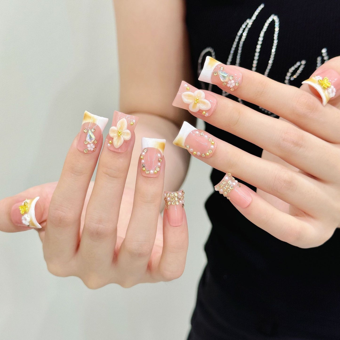 Floral Peach Crystal Press On Nails