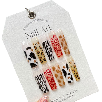 Extra long press-on nails leopard print manicure fake nails sticker finished product exaggerated  style wearing model | 365nails